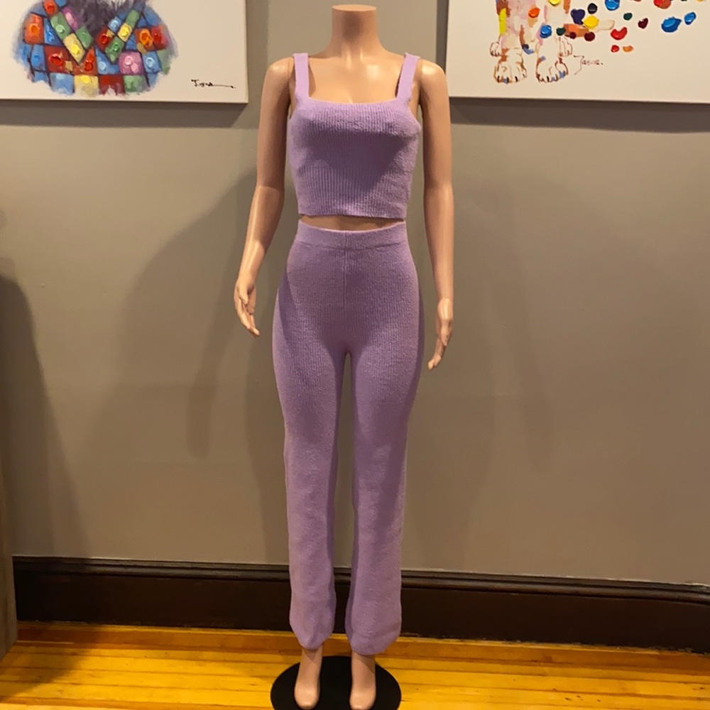 Lavender cozy fluffy knit two piece high rise pant set matching two piece co ord